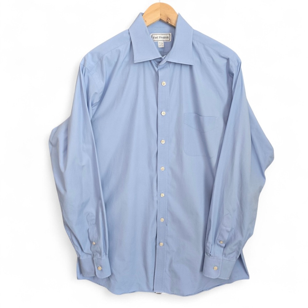 Paul Fredrick Dress Shirt Mens 17 36 Blue Button Up Trim Fit Career Cotton